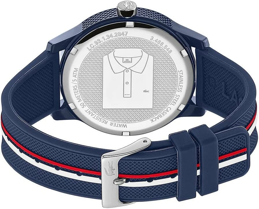 Lunette boîtier Lacoste 2011070 en résine bleue, finition polie, protège un mouvement quartz précis