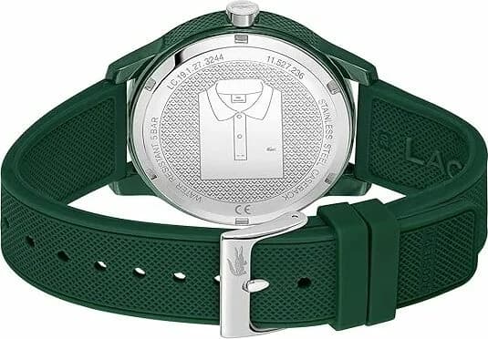 Attache bracelet Lacoste 2011135 silicone vert texturé signé Croco, boucle ardillon en acier brossé, confort et durabilité