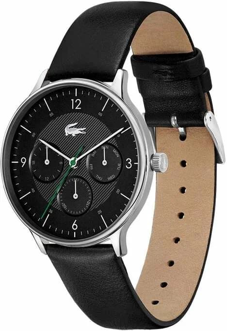 Montre Lacoste Homme Réf. 2011139 - Boîtier Acier Argenté, Cadran Noir Multifonctions, Bracelet Cuir Noir vue 2