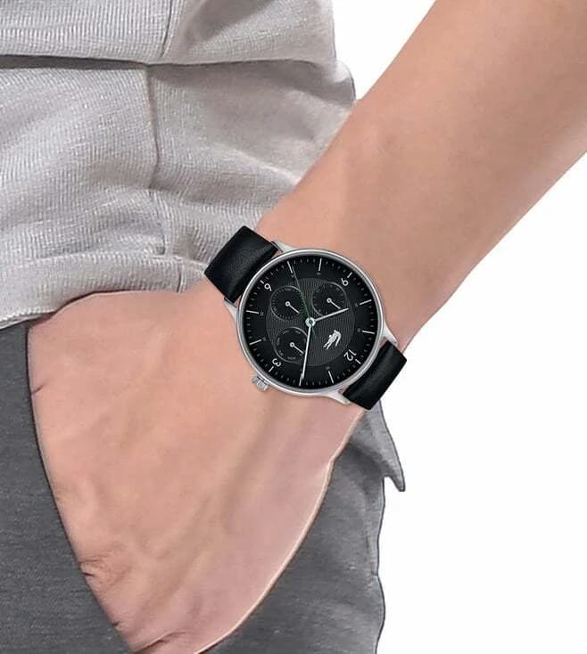 Montre Lacoste Homme Réf. 2011139 - Boîtier Acier Argenté, Cadran Noir Multifonctions, Bracelet Cuir Noir vue 4