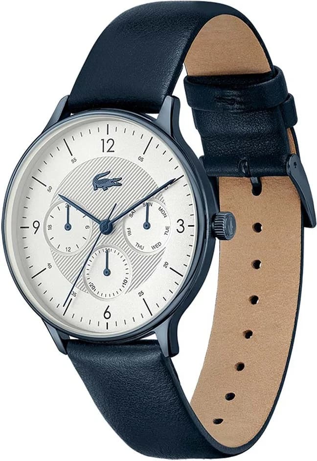 Attache bracelet Lacoste 2011140 en cuir bleu cousu, boucle ardillon acier brossé, aspect vintage
