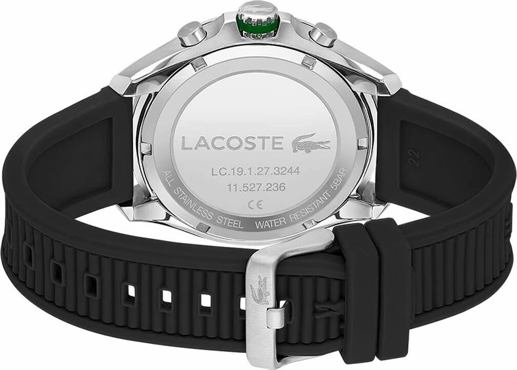 Attache bracelet Lacoste 2011152 en silicone noir texturé avec boucle ardillon classique signée du crocodile