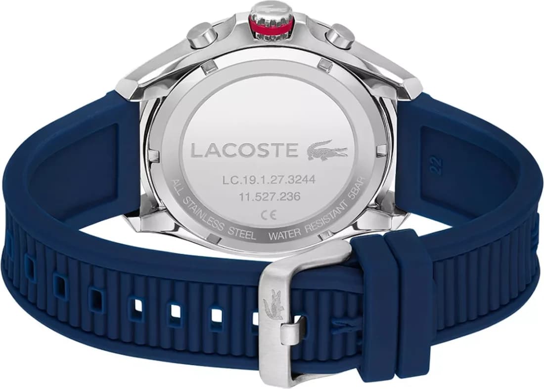 Attache bracelet Lacoste 2011154 en silicone bleu texturé avec boucle ardillon signée, souple et résistant