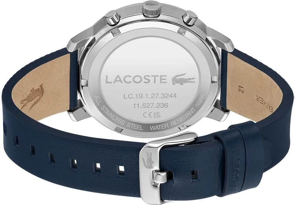 Attache bracelet Lacoste 2011176 cuir bleu cousu, boucle ardillon acier, texture grainée, confort au poignet