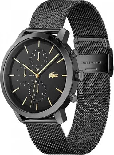 Visage cadran Lacoste 2011194 dévoile index appliques et aiguilles fines sur fond noir mat, date à 3h pour une lecture précise