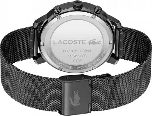 Attache bracelet Lacoste 2011194 en acier noir avec boucle déployante, maille milanaise souple ajustable au poignet