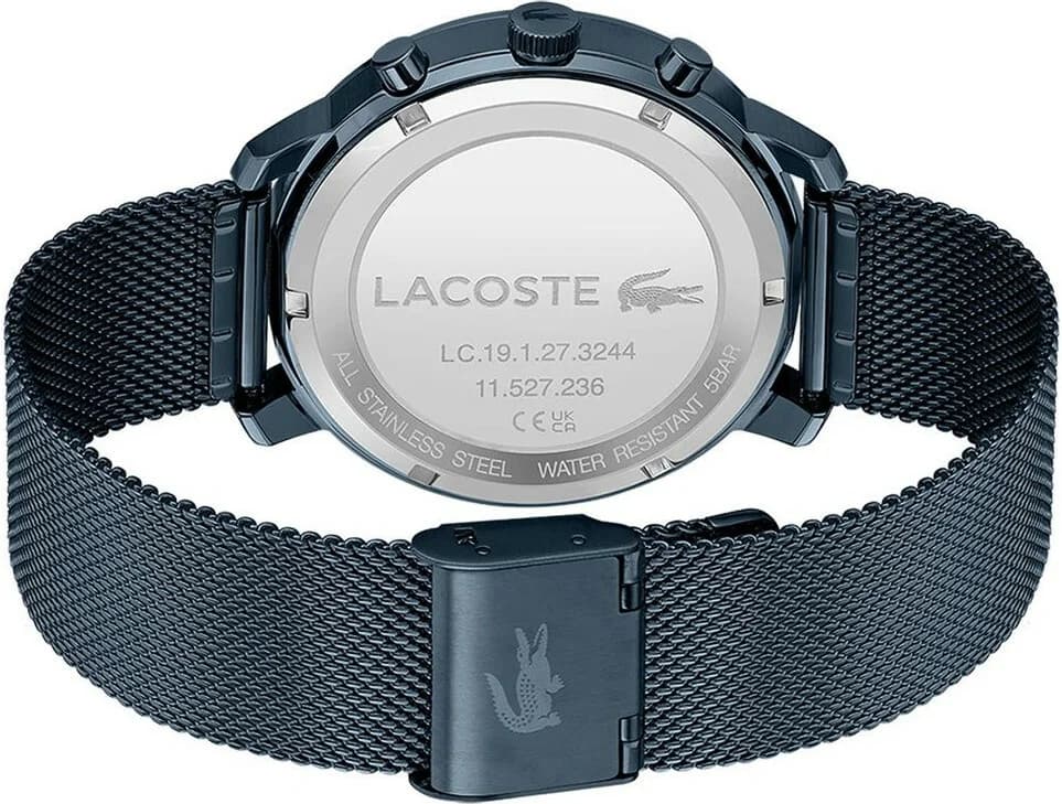 Attache bracelet Lacoste 2011196 en acier maille milanaise bleue ajustable avec fermoir déployant à double bouton-poussoir