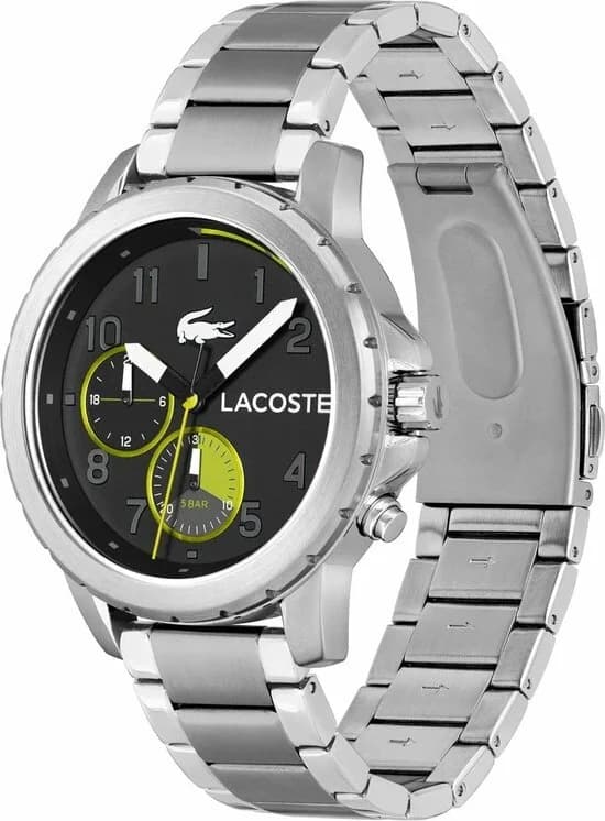 Visage cadran Lacoste 2011207 avec index appliqués argentés, aiguilles luminescentes et guichet date à 3h, mouvement quartz précis