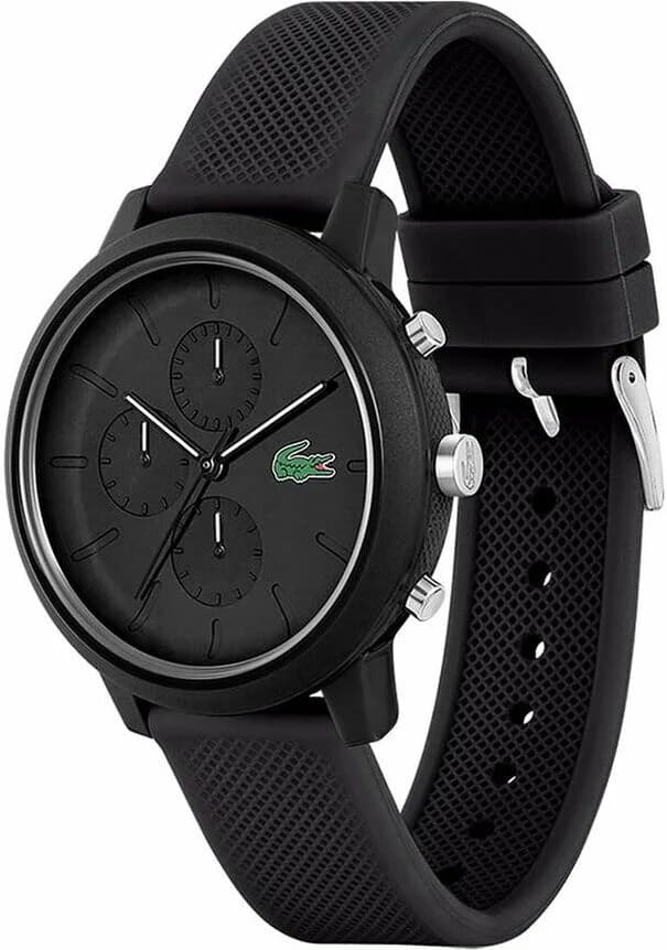 Visage cadran Lacoste 2011243 dévoile index bâtons appliqués, guichet date à 4h30 et trotteuse centrale rouge pour lisibilité optimale