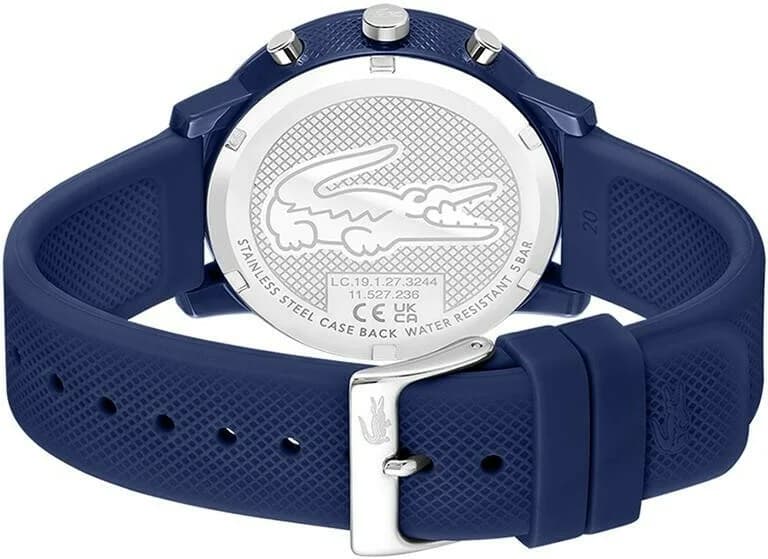 Attache bracelet Lacoste 2011244 en silicone bleu avec boucle ardillon signée et surpiqûres ton sur ton