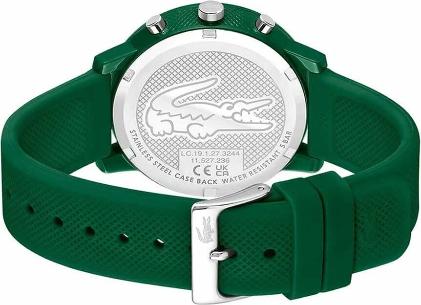Attache bracelet Lacoste 2011245 en silicone vert avec boucle ardillon en acier inoxydable, fermeture sécurisée et ajustable