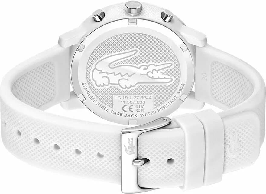 Attache bracelet Lacoste 2011246 en silicone blanc texturé avec boucle ardillon gravée du crocodile vert, fermeture ajustable