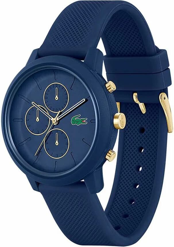 Visage cadran Lacoste 2011248 affiche index bâtons appliqués, guichet date à 3h et trotteuse rouge