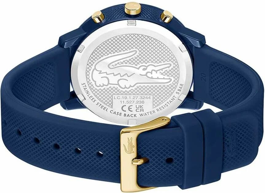 Attache bracelet Lacoste 2011248 en silicone bleu texturé, fermoir boucle ardillon gravé du crocodile
