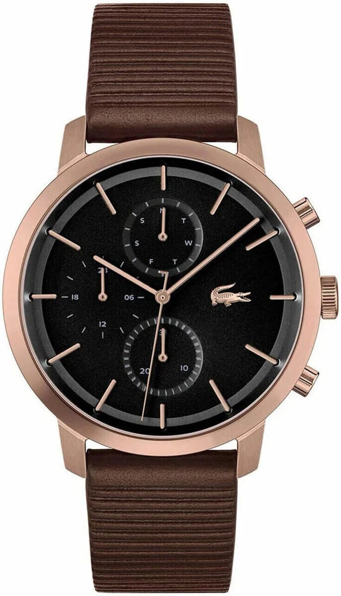 Montre Homme Lacoste Replay 2011257 - Boîtier Or Rose, Cadran Multifonctions Noir, Bracelet Cuir Marron