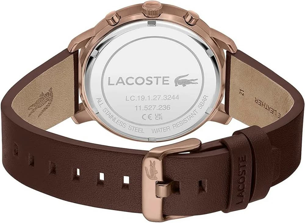 Attache bracelet Lacoste 2011257 en cuir marron grainé avec boucle ardillon signée Lacoste