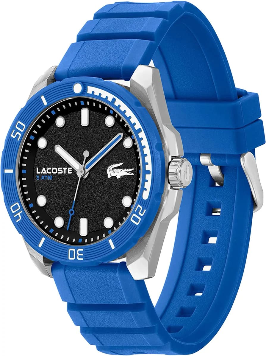 Visage cadran Lacoste 2011285 avec index bâtons appliqués, aiguilles luminescentes et guichet date à 3h