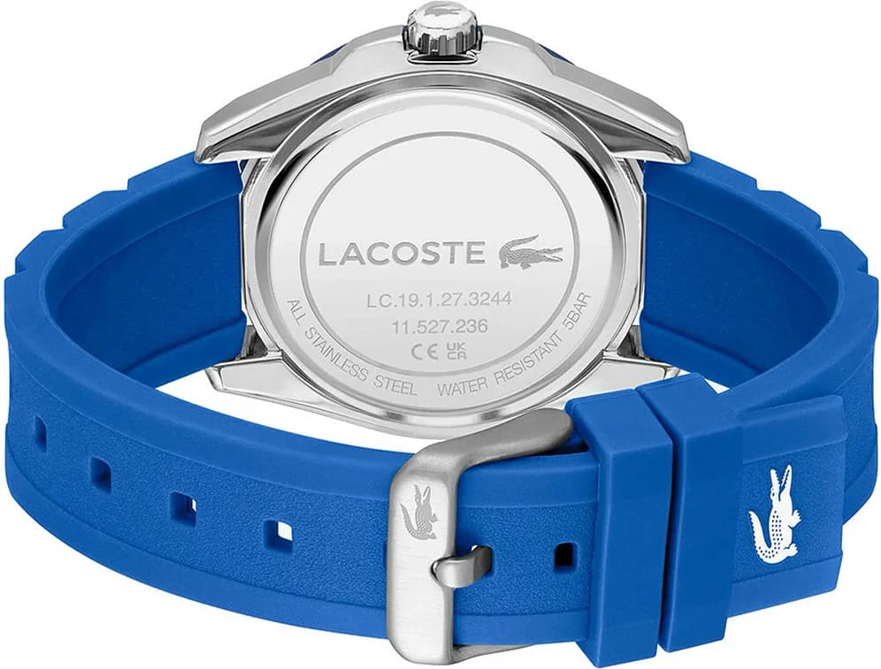 Attache bracelet Lacoste 2011285 en silicone bleu texturé avec fermoir boucle ardillon gravé du logo croco