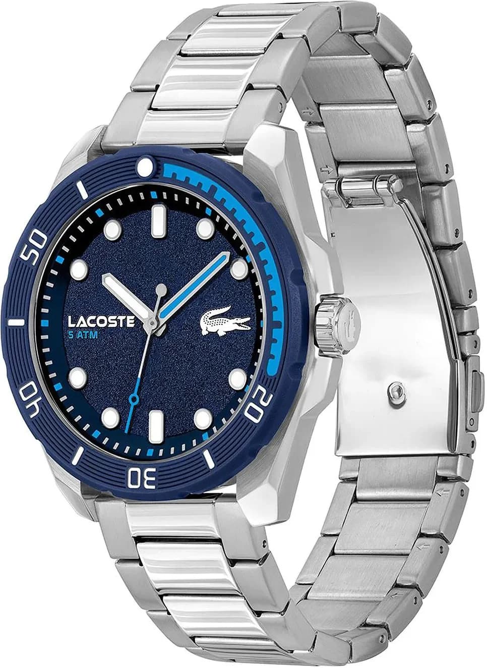 Visage cadran Lacoste 2011286 avec index appliqués et aiguilles luminescentes, date à 3h et logo crocodile