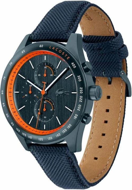 Visage cadran Lacoste 2011297 détail des aiguilles argentées et index bâton, compteurs multifonctions à 6h, 9h et 12h
