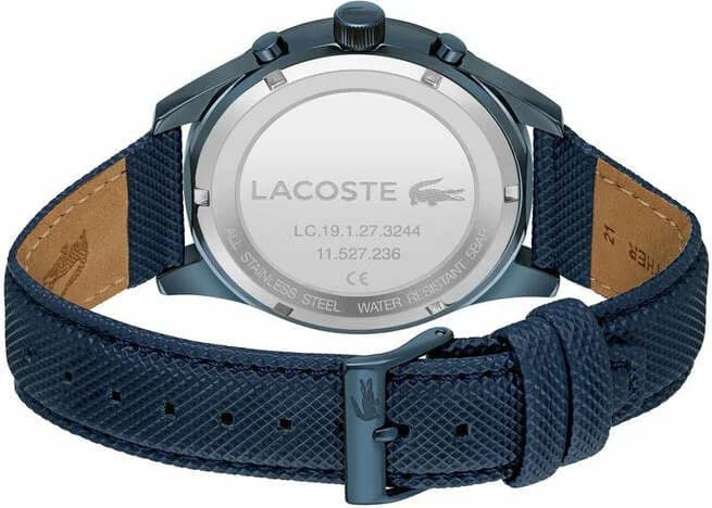 Attache bracelet Lacoste 2011297 en cuir bleu marine cousu, boucle ardillon en acier inoxydable gravée du crocodile Lacoste