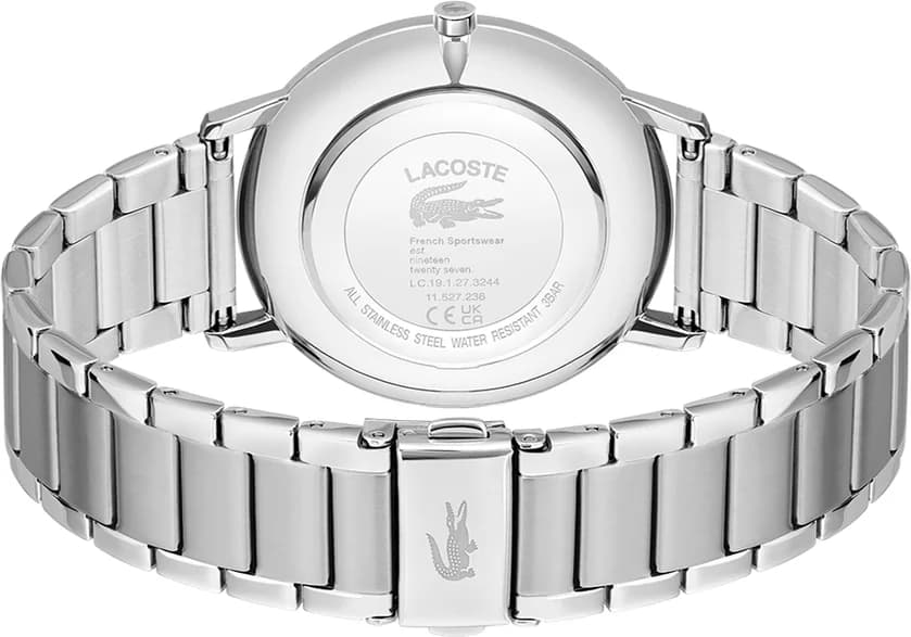 Attache bracelet Lacoste 2011311 en acier inoxydable brossé avec fermoir déployant double sécurité et maillons ajustables, finition soignée