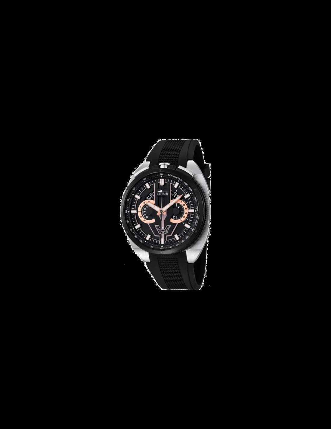 Garde-temps Lotus L10128/4 avec cadran noir soleillé, index bâton argentés et trotteuse rouge sur fond mat