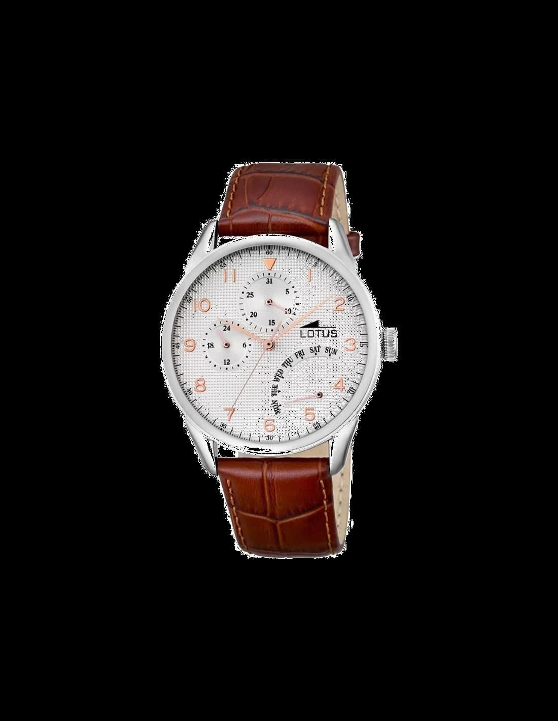 Garde-temps Lotus L10131/1 presentant cadran marron soleillé, aiguilles argentées et index bâton appliqués, style classique épuré