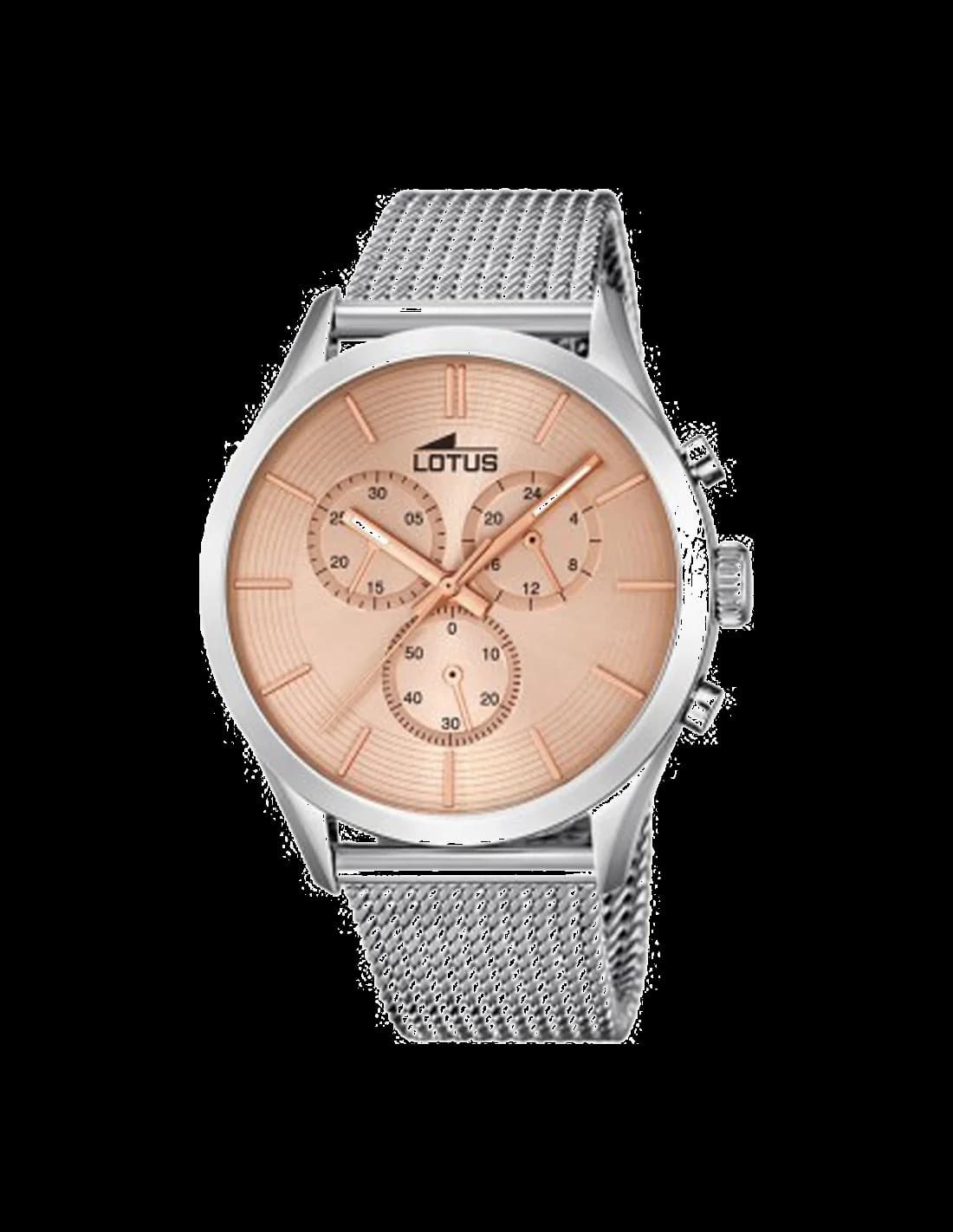 Garde-temps Lotus L18117/3 arborant un cadran argenté épuré avec index bâtons et aiguilles dauphines, style classique intemporel