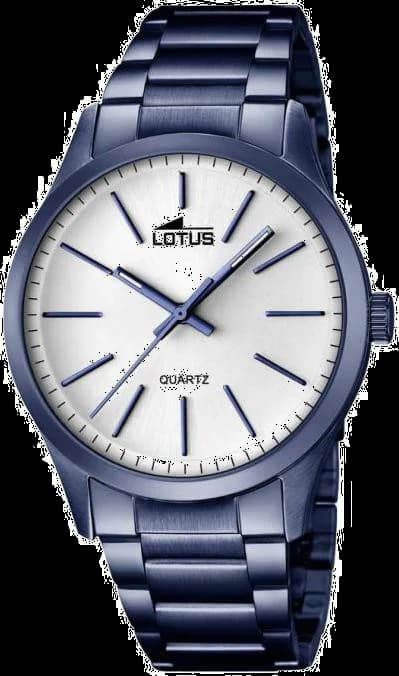 Garde-temps Lotus L18163/1 sur fond bleu profond, cadran soleil avec index bâtons lumineux et aiguilles argentées pour lisibilité maximale