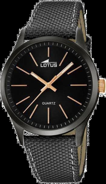 Garde-temps Lotus L18165/2 affichant cadran noir soleil avec index luminescents et aiguilles bâtons