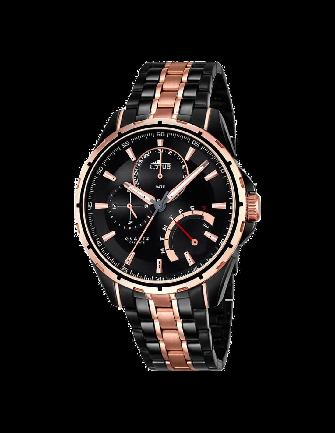 Garde-temps Lotus L18207/1 affiche cadran noir soleillé, aiguilles dorées et index bâtons, style smart casual bicolore