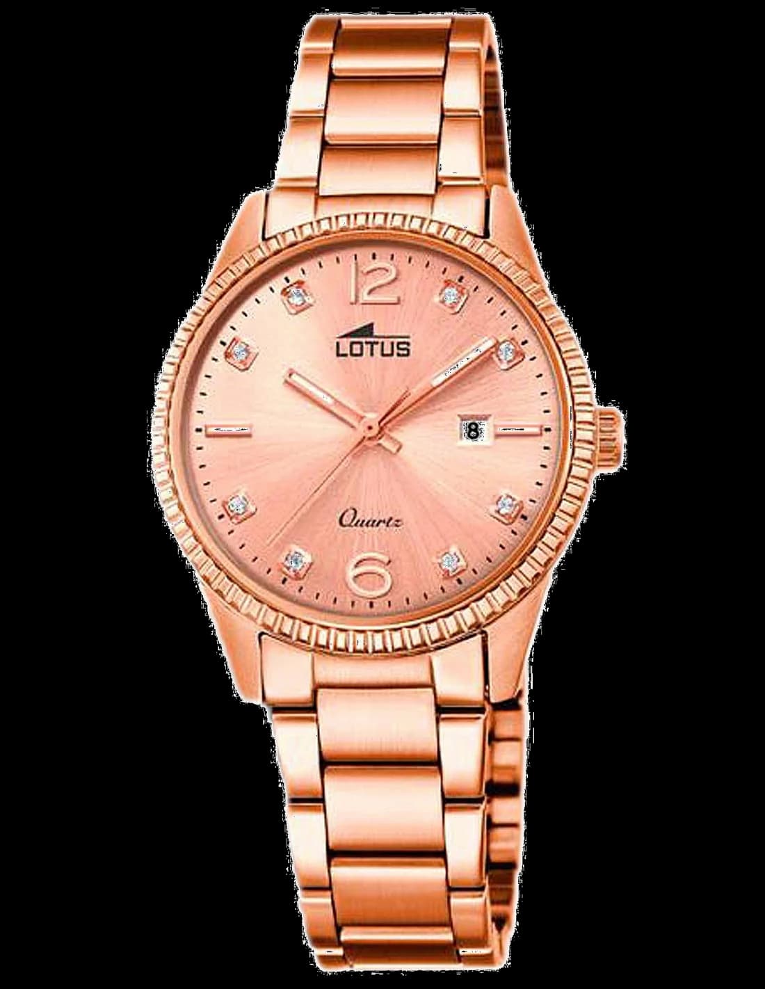 Garde-temps Lotus L18303/4 arborant un cadran blanc guilloché et un boîtier en acier plaqué or rose 32 mm, style classique