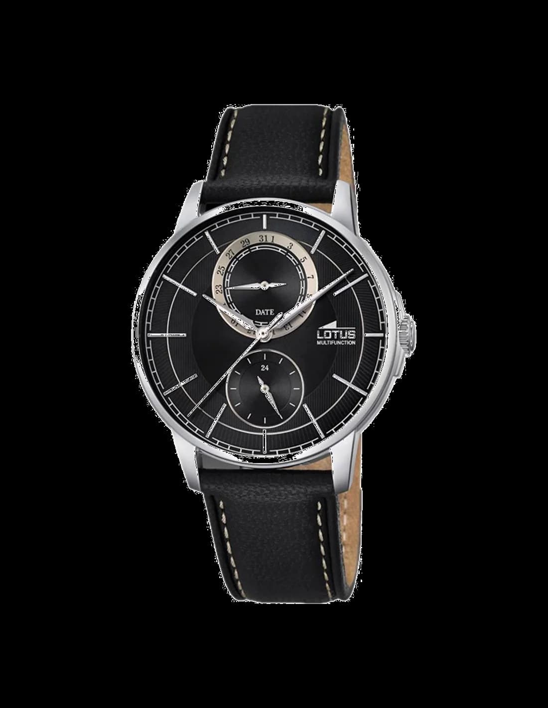 Garde-temps Lotus L18323/3 arborant un cadran noir profond avec finition soleillée, index bâtons et aiguilles argentés, style classique sport chic