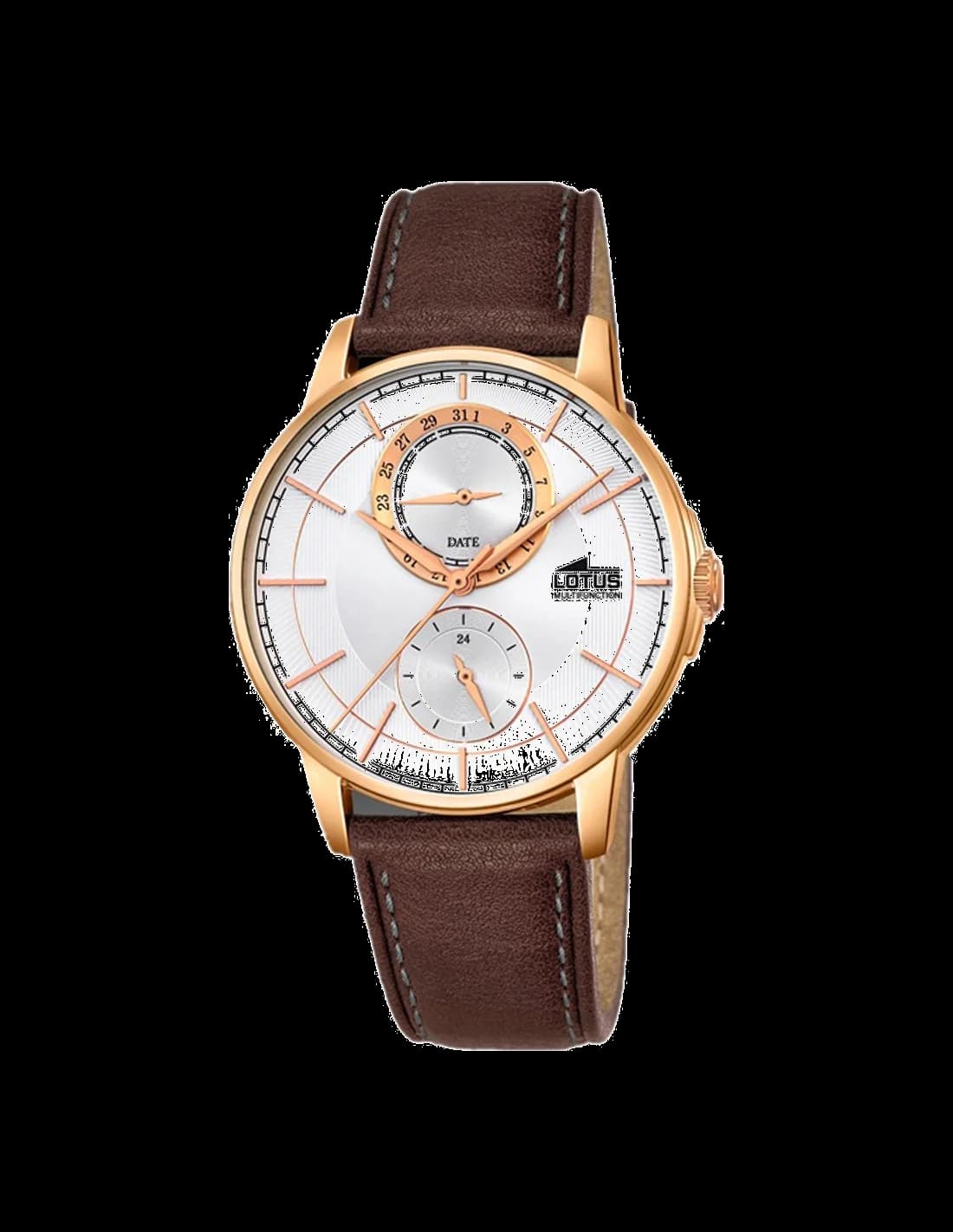 Garde-temps Lotus L18324/1 affichant cadran marron soleillé avec aiguilles argentées et guichet date à 3h