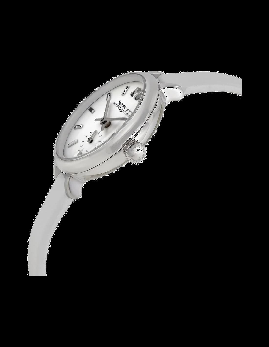Visage cadran Marc Jacobs MBM1350 avec index bâtons argentés et aiguilles fines, aucune complication, lisibilité maximale