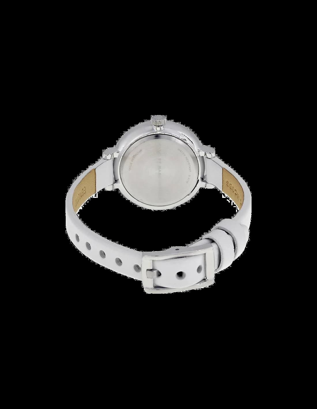 Attache bracelet Marc Jacobs MBM1350 en cuir lisse marron avec boucle ardillon argentée, contraste élégant avec le boîtier argenté