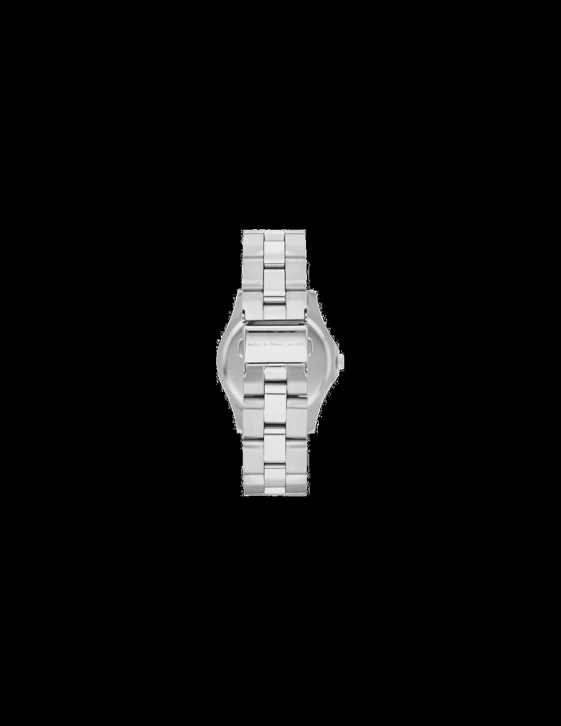 Visage cadran Marc Jacobs MBM3125 avec index bâtons polis, aiguilles dauphine et guichet date à 6h, lisibilité optimale