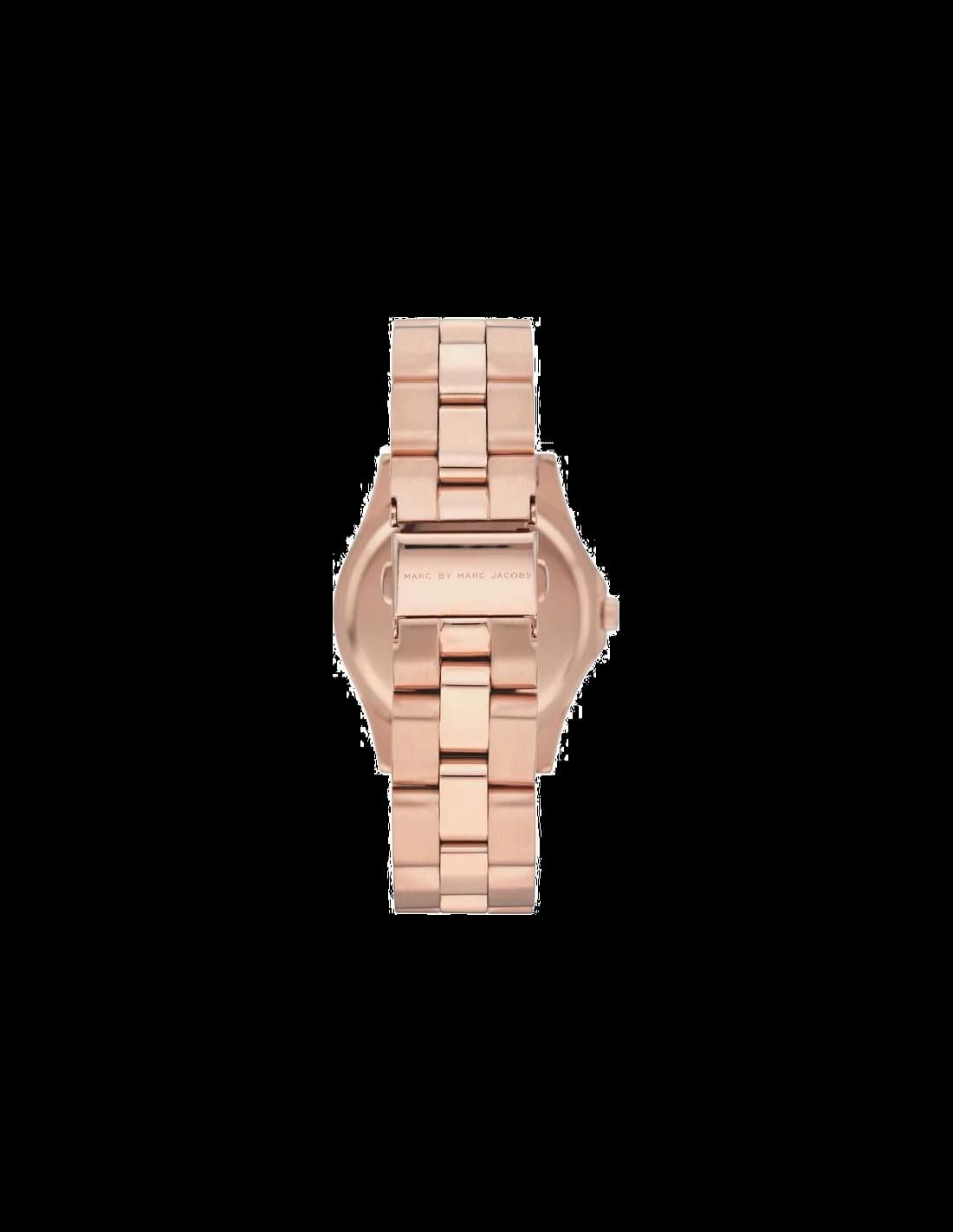 Visage cadran Marc Jacobs MBM3127 dévoile index appliqués en acier gold, aiguilles dauphine, et date à 6h satiné