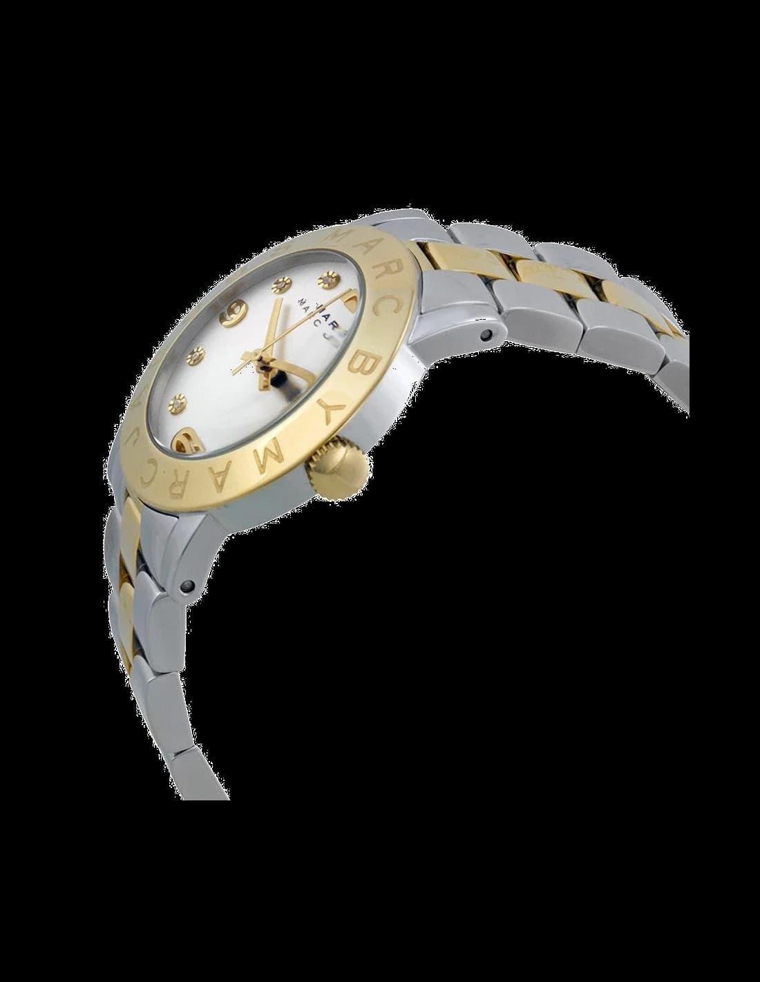 Visage cadran Marc Jacobs MBM3139 aiguilles dauphine polies et date à 3h sur fond argenté soleillé