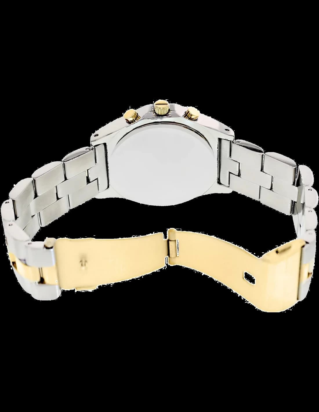 Attache bracelet Marc Jacobs MBM3177 en acier inoxydable bicolore argent et or, maillons milanais souples avec fermoir déployant double sécurité