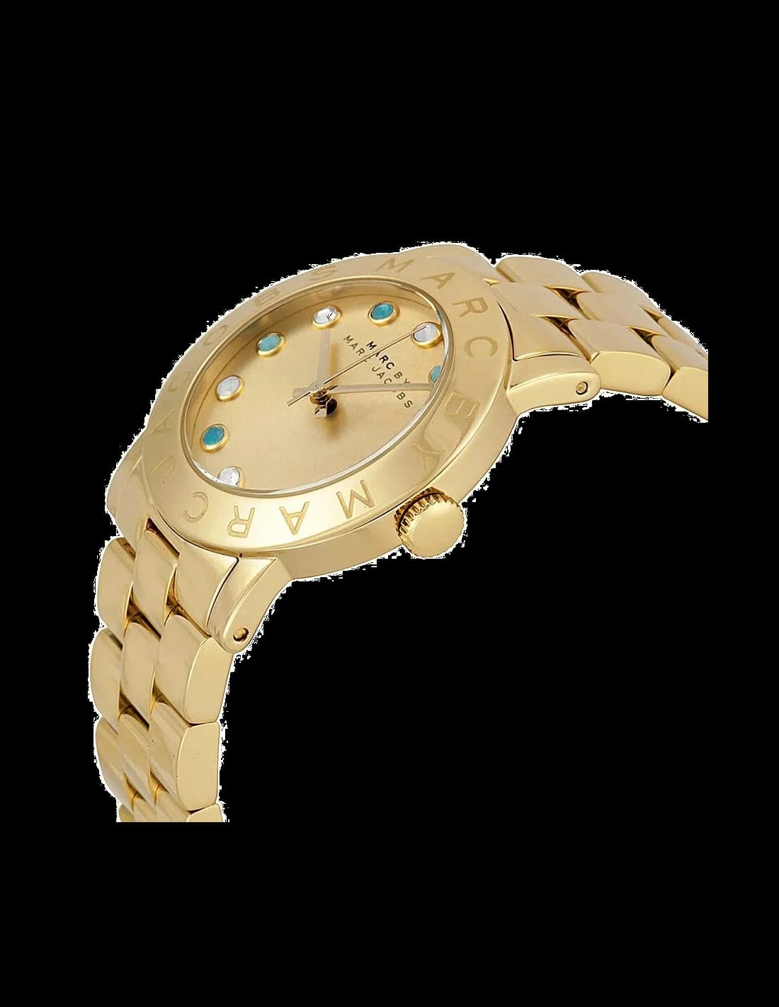 Visage cadran Marc Jacobs MBM3215 révèle index bâtons dorés, aiguilles dauphine dorées, petite seconde à 6h pour une lisibilité précise