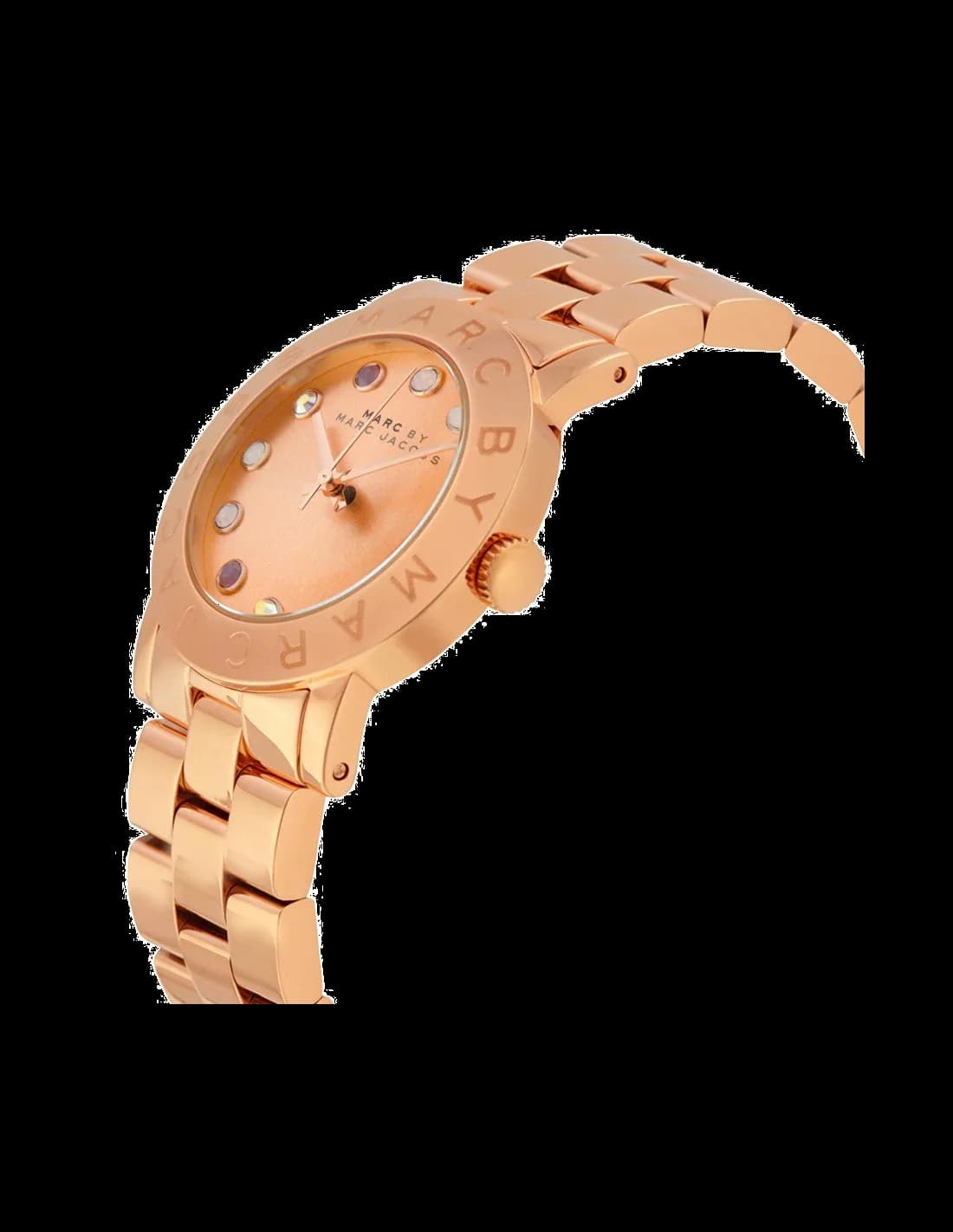 Visage cadran Marc Jacobs MBM3216 dévoile cristaux multicolores sertis autour du guichet date, aiguilles dauphine et index appliqués