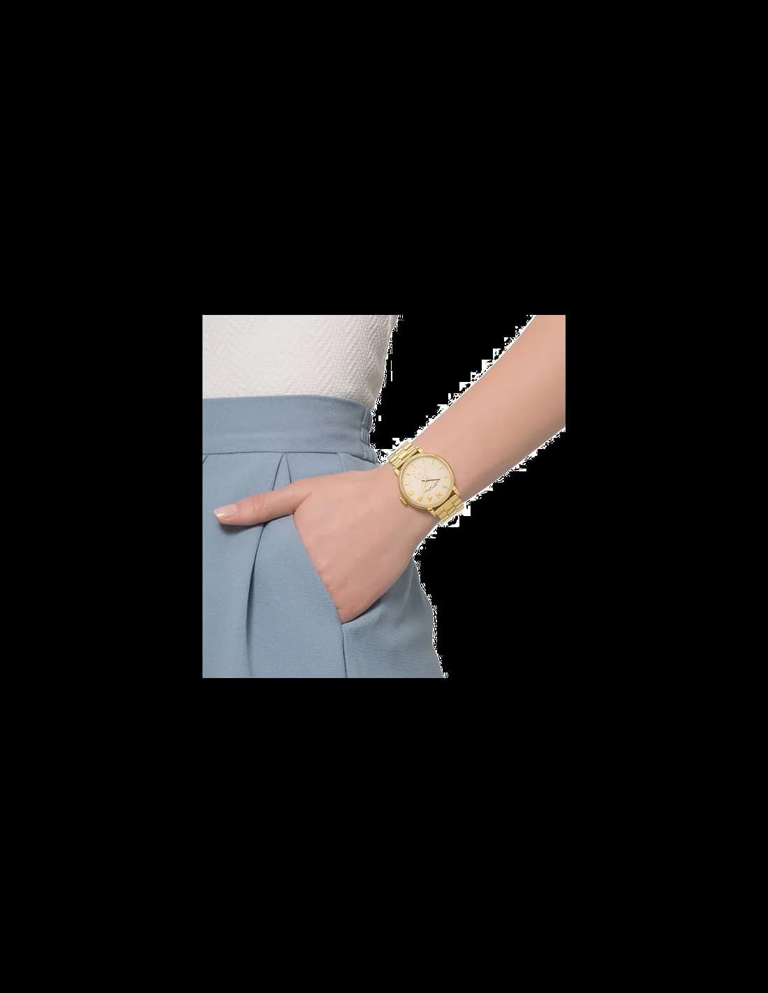 Attache bracelet Marc Jacobs MBM3243 en acier doré avec fermoir déployant double sécurité, maillons satinés et polis alternés