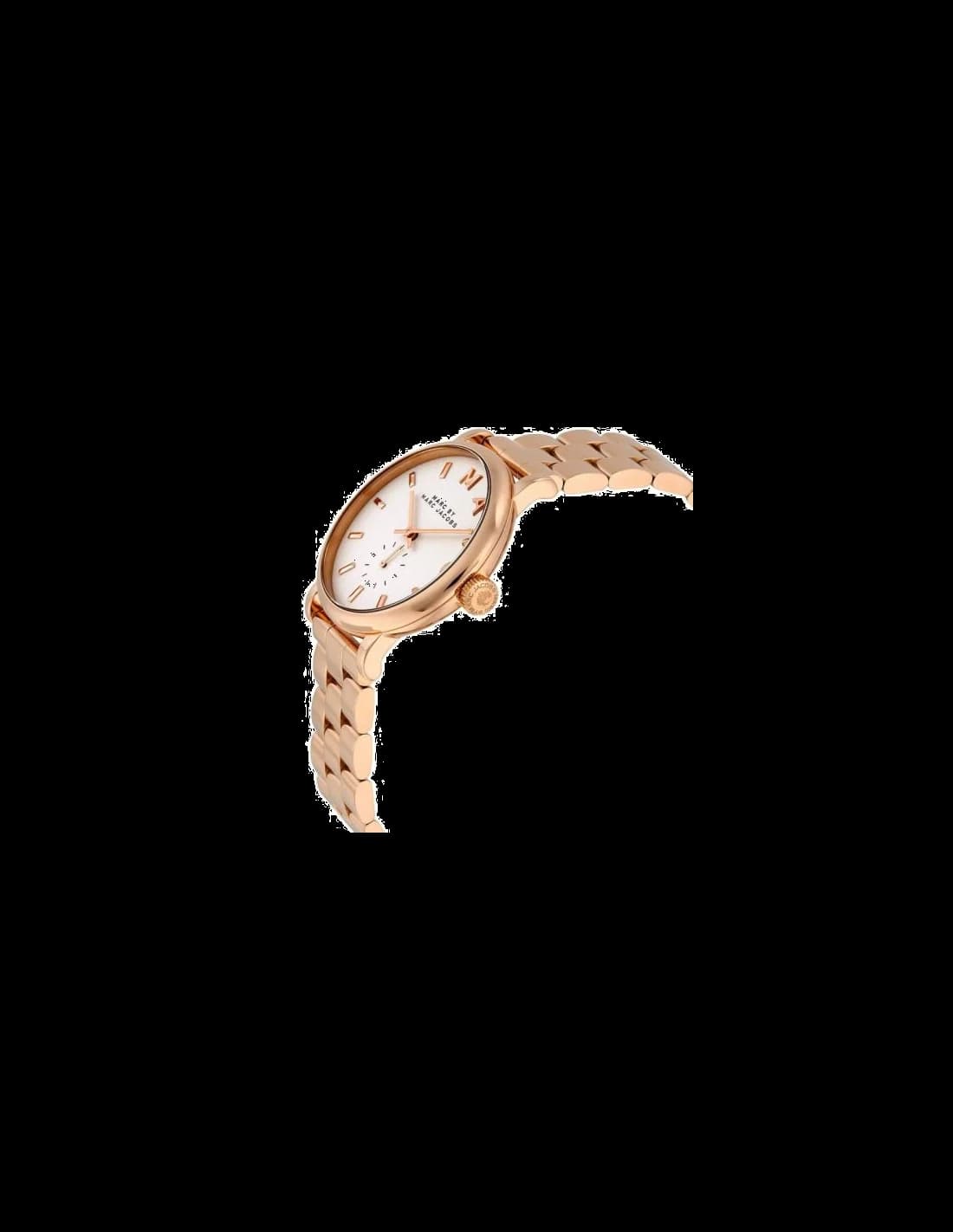 Visage cadran Marc Jacobs MBM3244 lettres noires appliquées, aiguilles bâton dorées, guichet date à 3h