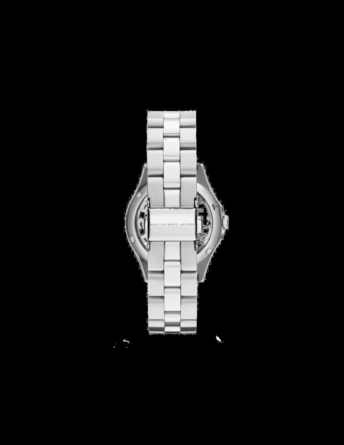 Visage cadran Marc Jacobs MBM3294 dévoile un mouvement squelette visible, index bâtons polis et aiguilles dauphine