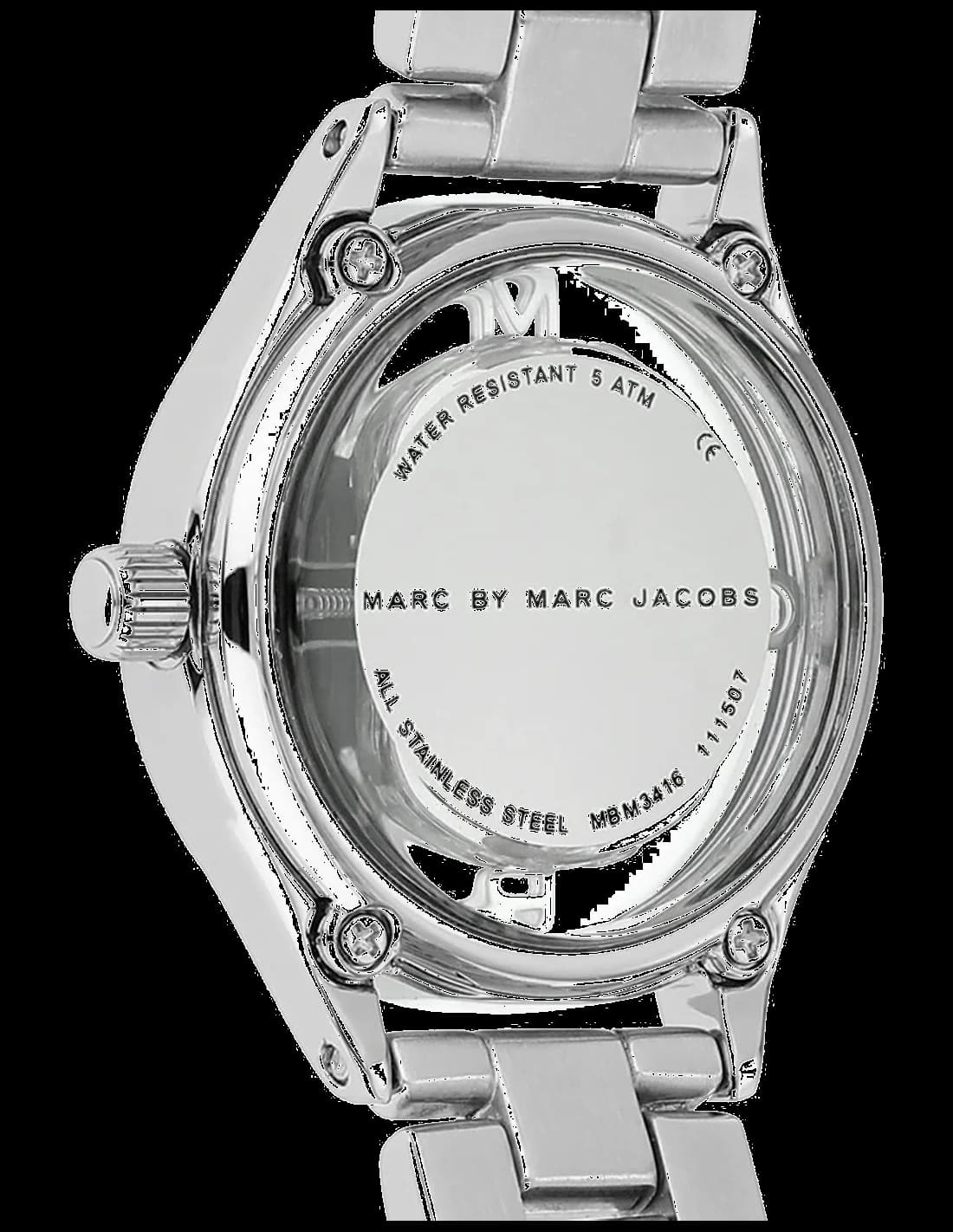 Visage cadran Marc Jacobs MBM3416 où index appliqués argentés et aiguilles bâton offrent lisibilité épurée sur fond saphir
