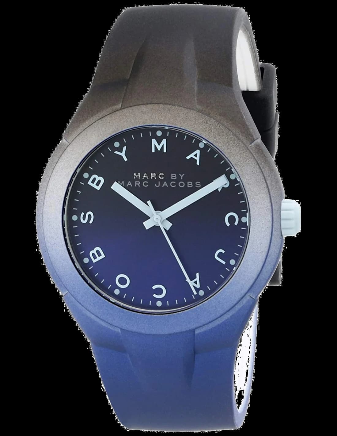 Visage cadran Marc Jacobs MBM5541 affichant index bâton appliqués, aiguilles argentées et date à 3h sur fond bleu soleillé