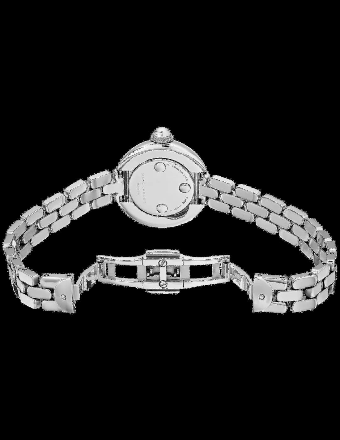 Visage cadran Marc Jacobs MJ3456 avec index bâton polis, aiguilles dauphine et guichet date à 6h pour une lecture précise