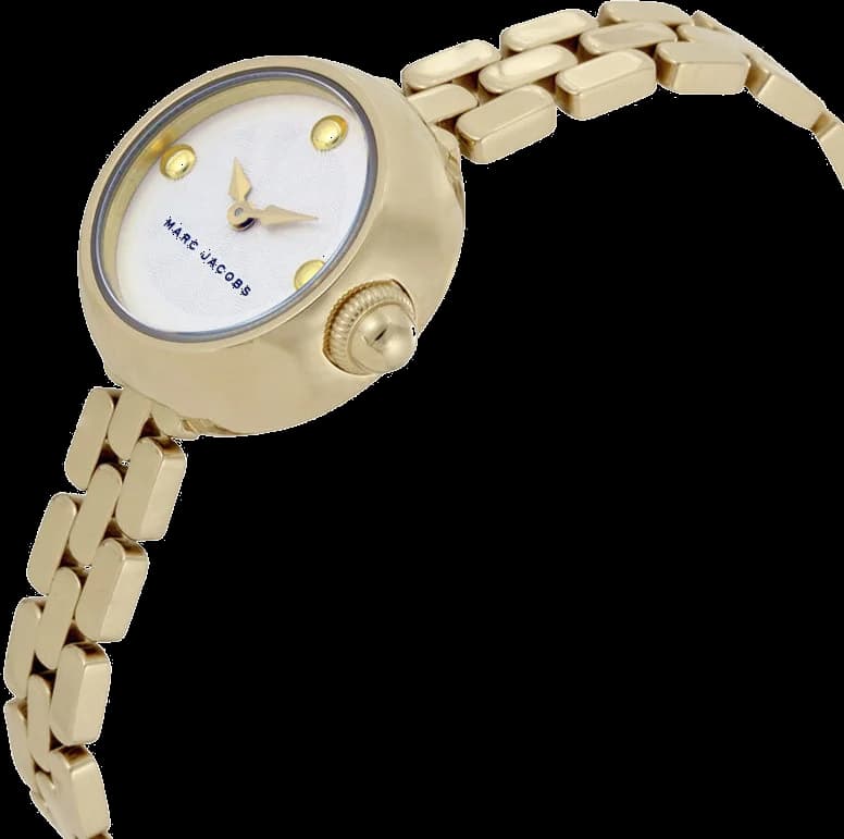 Visage cadran Marc Jacobs MJ3459 affiche index appliqués dorés, aiguilles bâton, date à 3h, mouvement quartz précis